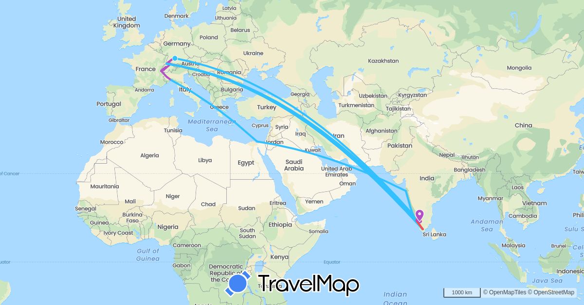 TravelMap itinerary: driving, train, hiking, boat in Switzerland, Germany, Egypt, India, Italy (Africa, Asia, Europe)